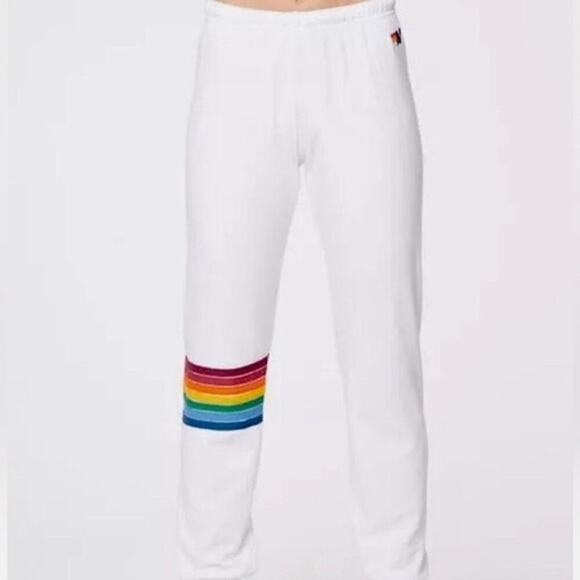 Aviator Nation Rainbow Stitch White Sweatpants Retro Joggers Lounge Pants - Picture 6 of 15